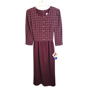 NWT VTG Leslie Belle Pleated Midi Dress Women's Size 10P Purple Plaid Tie Back